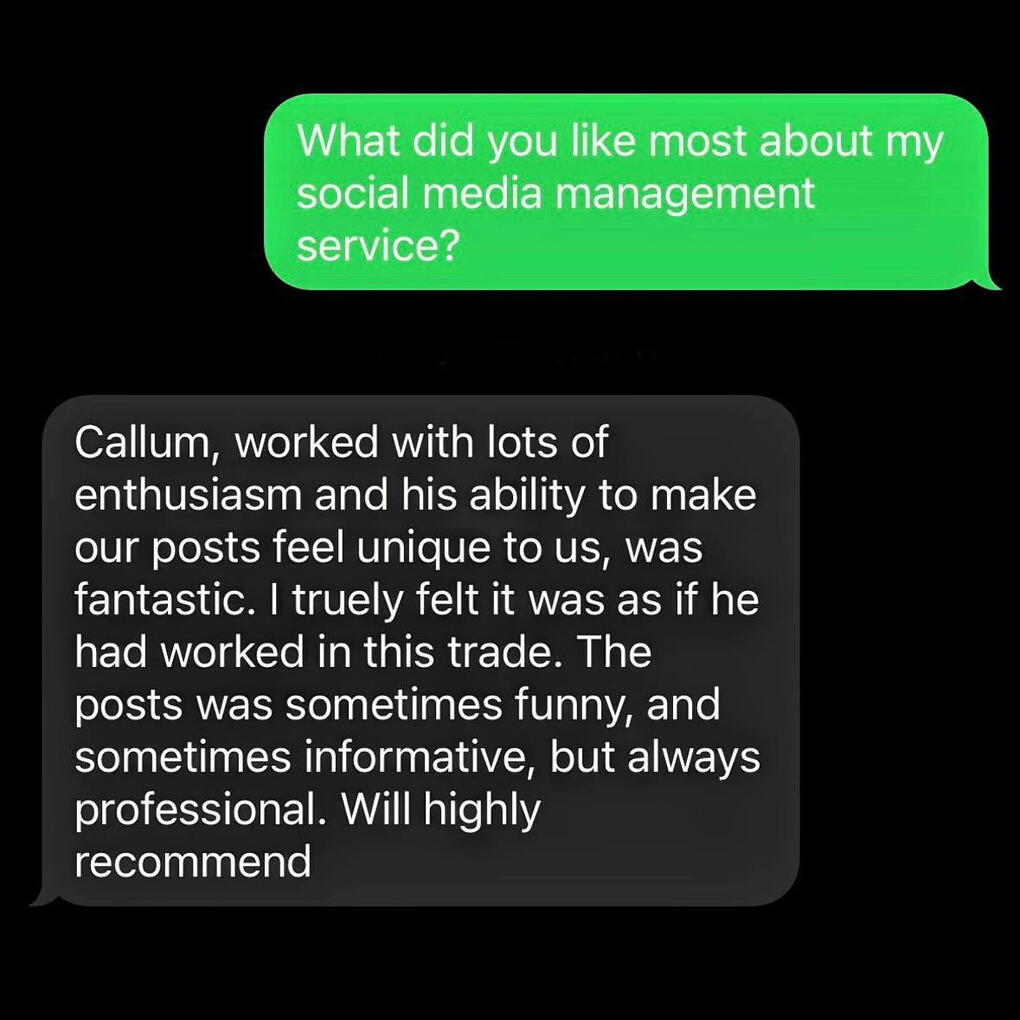 Client testimonial praising CRSOCIALS social media management