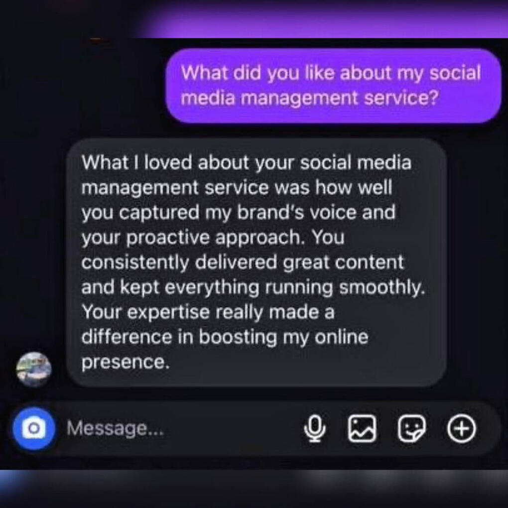 Client testimonial praising CRSOCIALS social media management